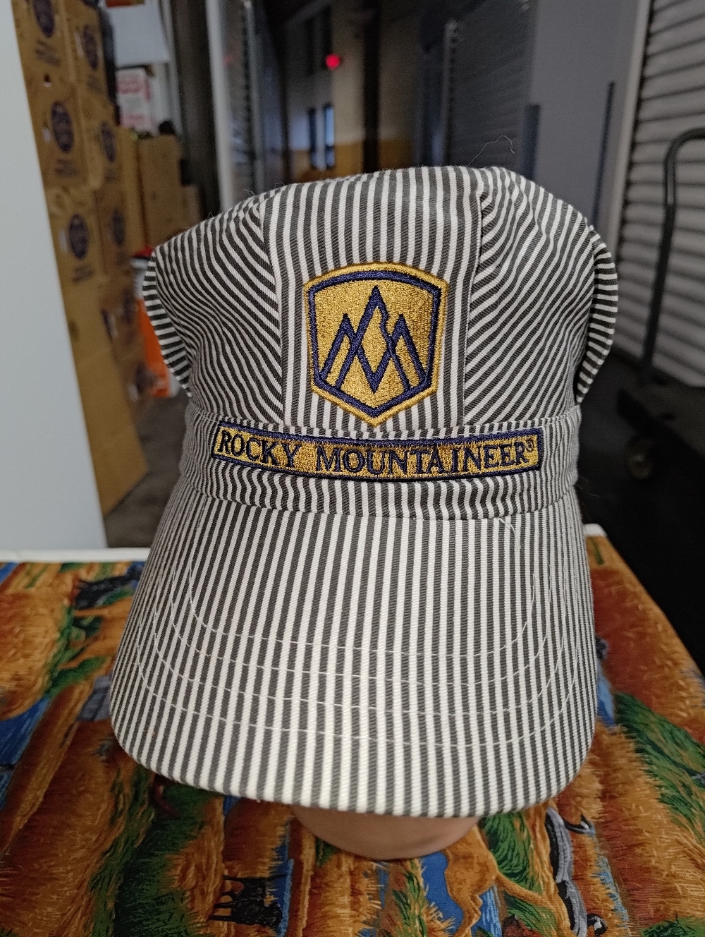 Vtg Rocky Mountaineer Conductor Snapback Hat Hickory Striped Blue